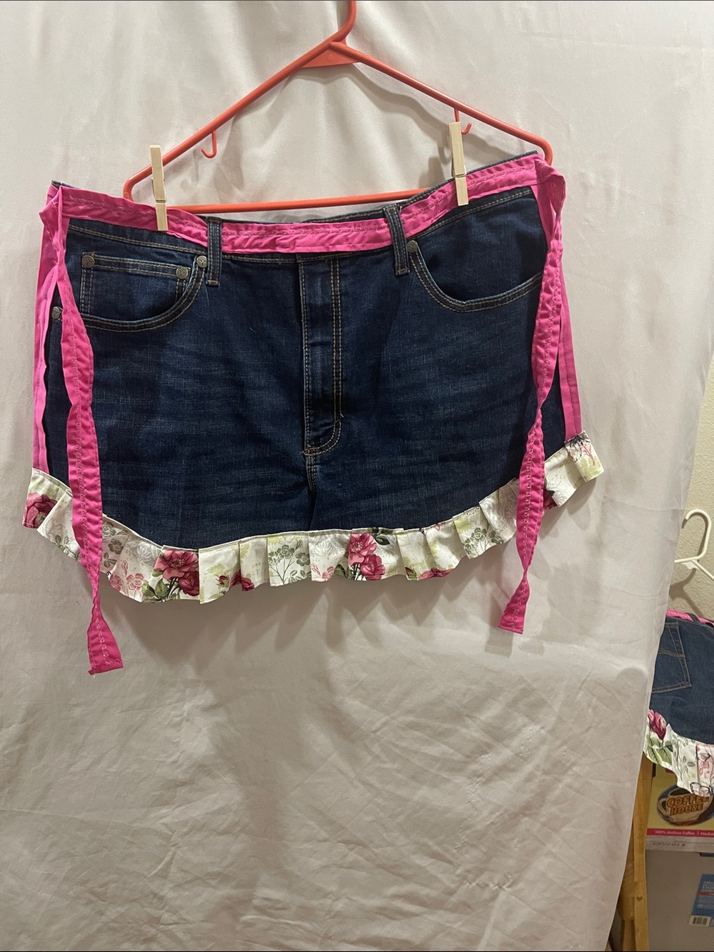 Women’s Dark Denim apron with Pink Trim and Floral Ruffle
